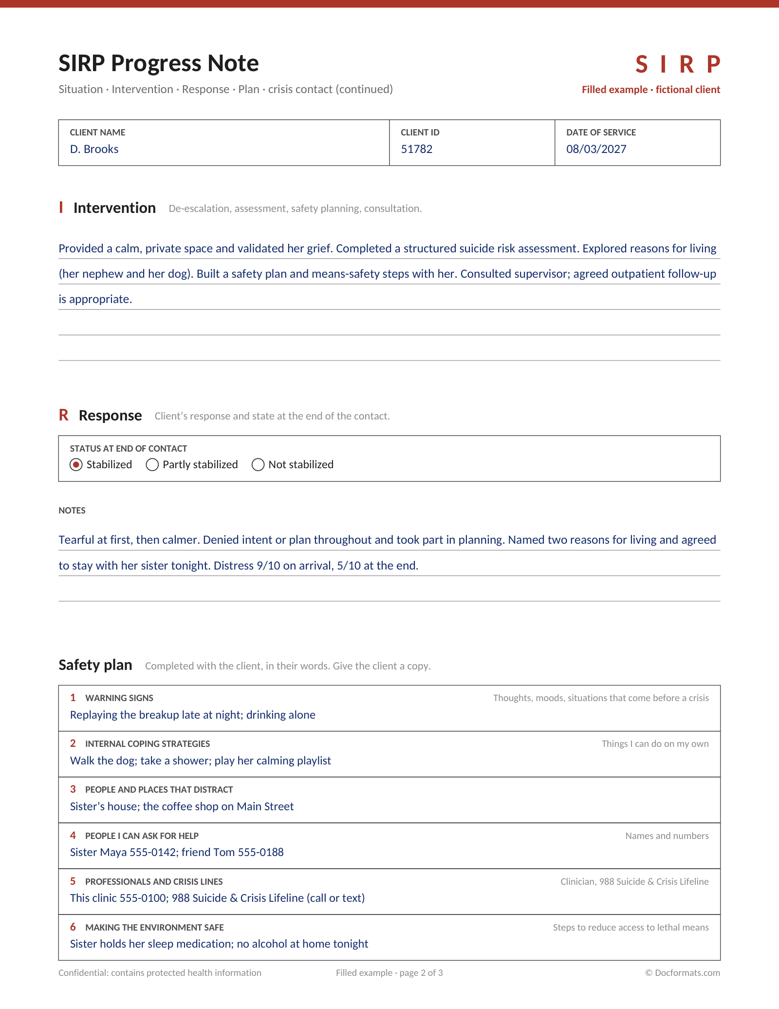 Filled SIRP progress note example for a fictional client, with intervention, response and safety plan