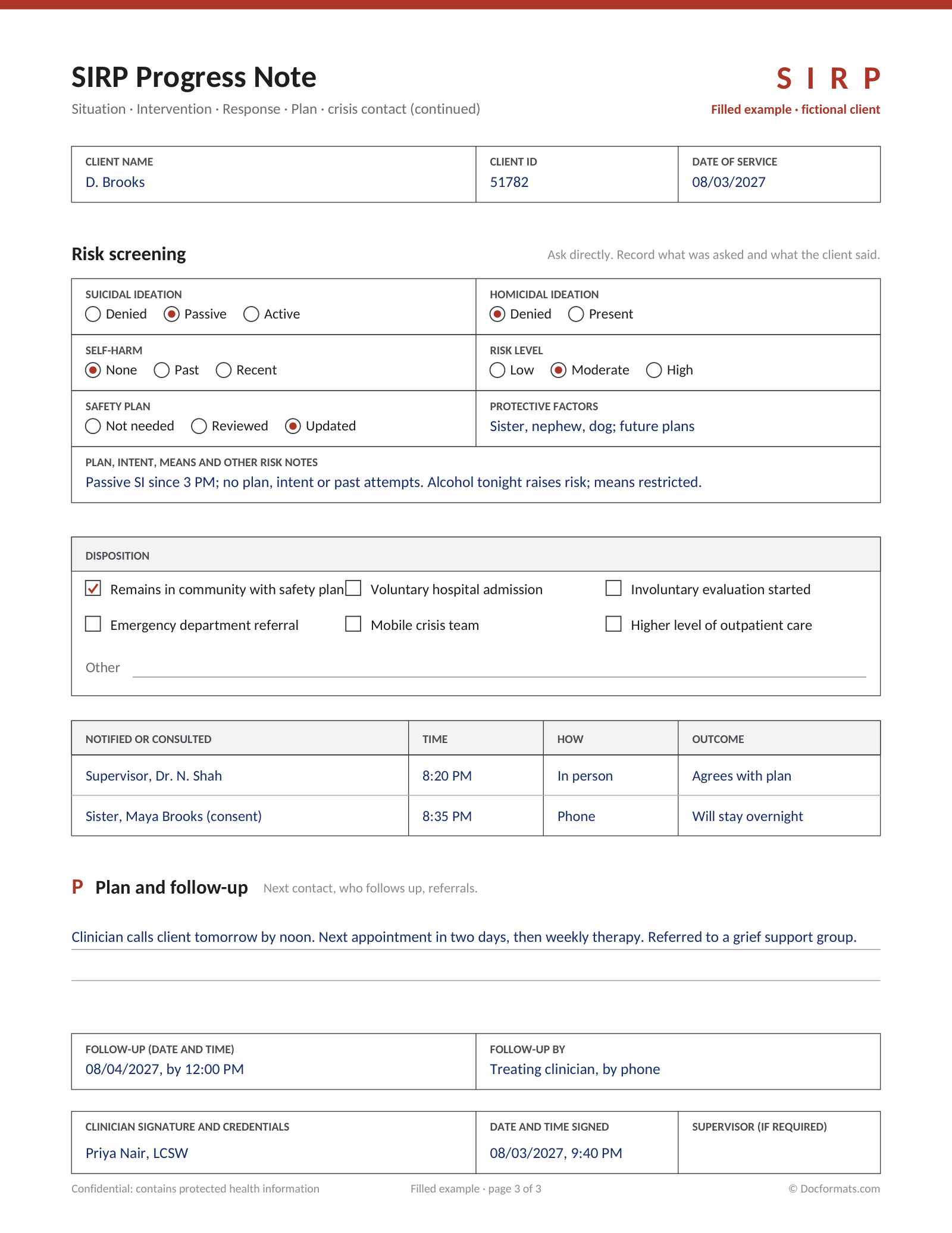 Filled SIRP progress note example for a fictional client, with the plan and follow-up